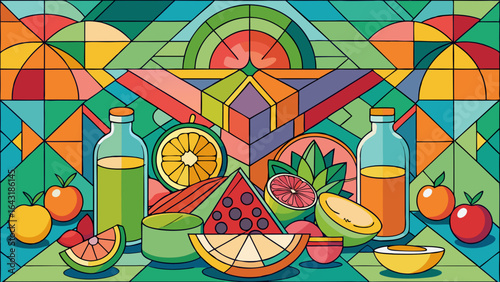 Vibrant still life of assorted fruits and juices in a colorful geometric design, showcasing freshness and vitality.