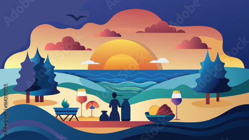 A serene sunset scene with a couple enjoying a romantic evening by the sea, surrounded by nature's beauty.