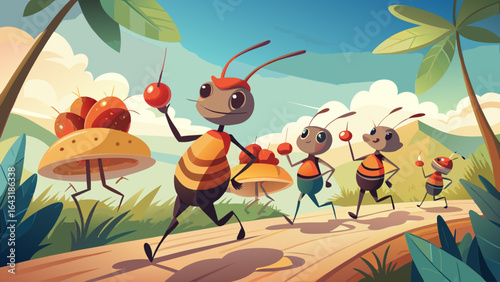 A cheerful group of cartoon ants carrying red fruits, walking along a sunny path surrounded by lush greenery.