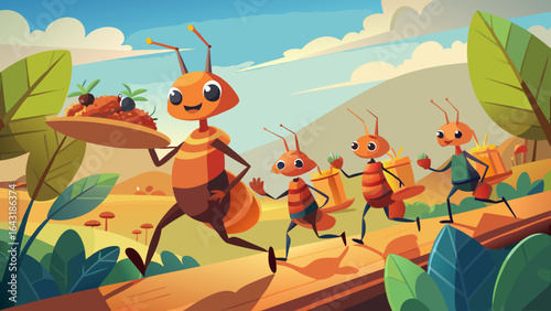 A cheerful cartoon ant carrying a platter of food, leading other ants through a colorful, vibrant landscape.