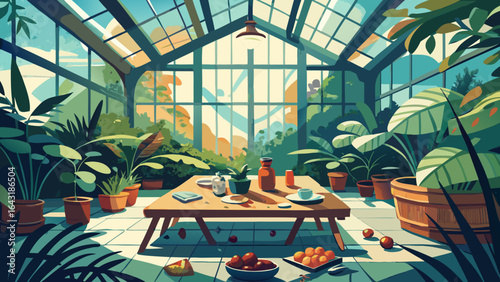 A vibrant indoor greenhouse filled with lush plants, showcasing a cozy table setting with fruits and drinks.