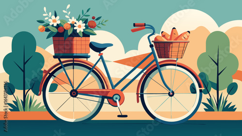 A vintage-style bicycle adorned with baskets filled with flowers and bread, set against a serene landscape.