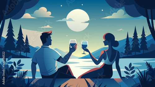 A couple enjoying a romantic evening by the lake, toasting with drinks under a full moon. Serene and intimate atmosphere.