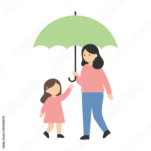 A caring mother holding a green umbrella to protect her daughter, a sweet illustration of maternal love and family bonding.