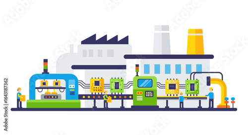 Automated assembly line illustration showcasing electronics manufacturing process