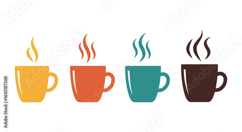 Colorful set of four steaming coffee cups on a white background