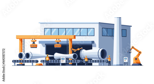 Automated factory illustration showcasing modern manufacturing with robotic arm