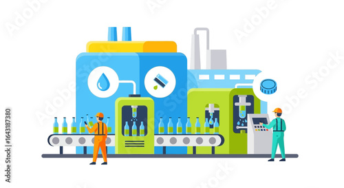 Automated bottling facility illustration with quality control workers