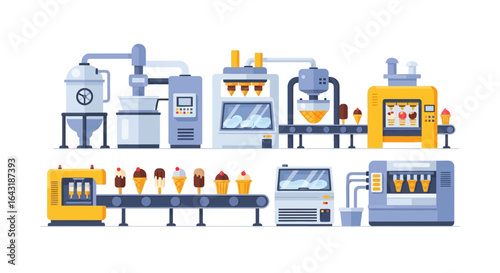 Automated ice cream factory production line illustration for food industry