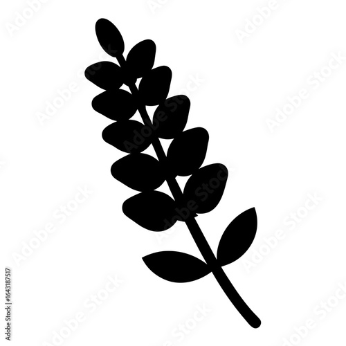 A black silhouette illustration of a grain stalk or plant branch