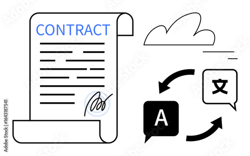 Signed contract with text, cloud symbol, language translation icons, and arrows. Ideal for business, multilingual services, globalization, communication, translation legal document and simple
