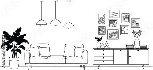 Modern living room sketch sofa plants gallery wall