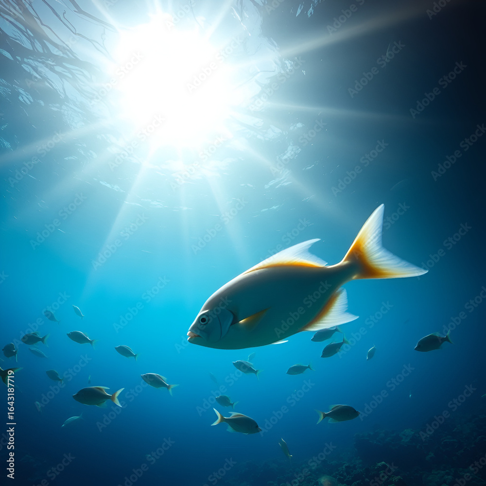 Obraz premium Sunlit ocean floor with fishes swimming