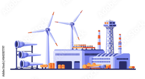 Futuristic industrial complex powered by wind energy, creating a sustainable environment
