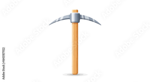 Illustration of a sharp mattock tool with long wooden handle on white backdrop