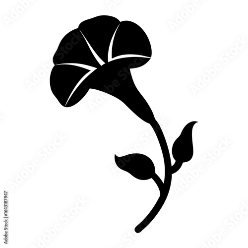 Black silhouette of a blooming petunia flower with stem and leaves