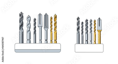 Illustration of a Variety of Drill Bits in Holding Blocks on White Backdrop