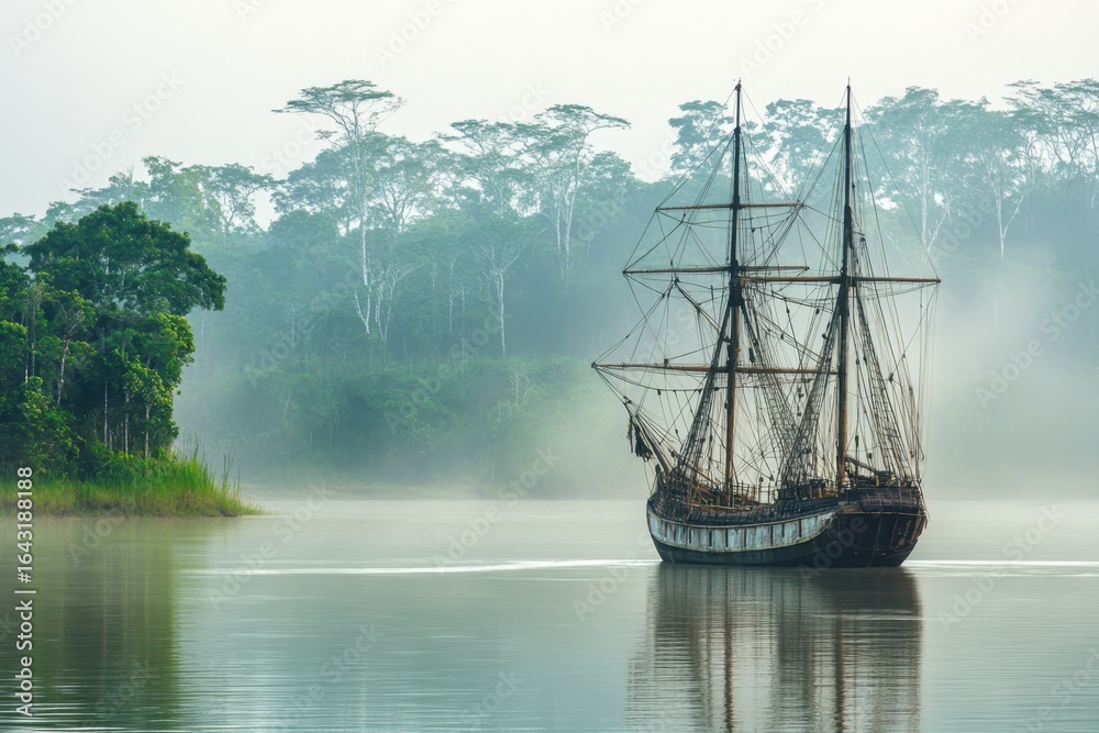 Fototapeta premium A historic sailing ship gliding through misty waters in a serene tropical landscape