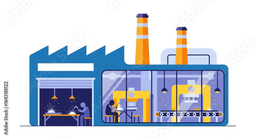 Industrial factory manufacturing complex with workers in production line