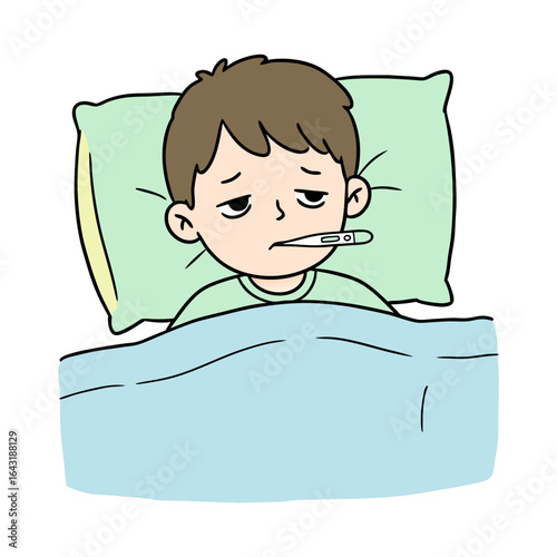 Unwell little boy with a sad face suffering from a cold or flu, resting in bed with a thermometer to recover from his illness.