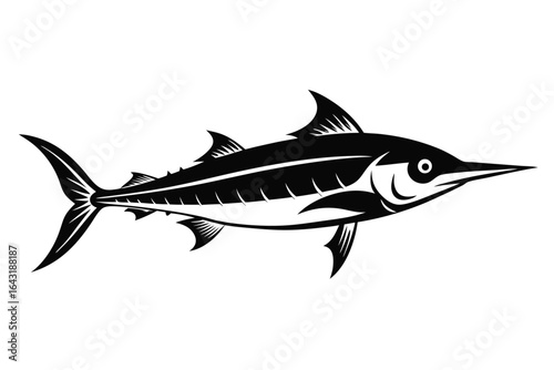 Monochrome swordfish shows sharp fins and spear in a detailed on white