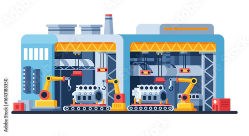 Modern Automated Car Engine Assembly Plant with Robotic Arms in Operation