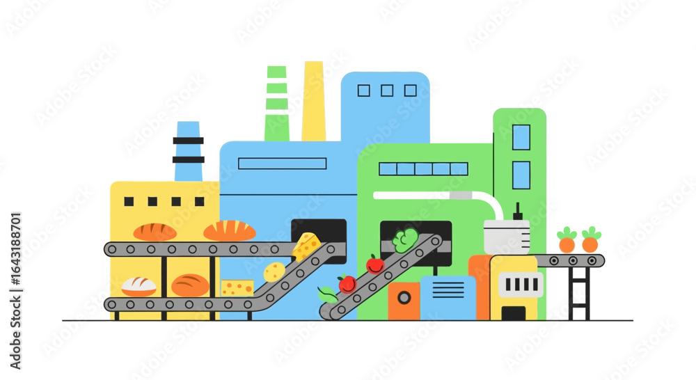 Stylized food manufacturing plant illustration with pastel colors and flat design