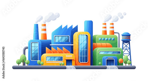 Stylized Illustration of a Colorful Industrial Factory with Minimal Details