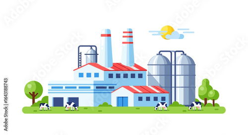 Stylized illustration of dairy farm and factory with cows grazing near