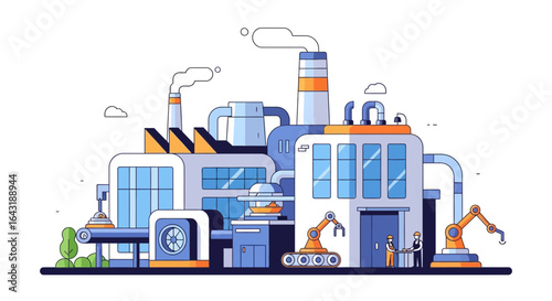Stylized vector illustration of a modern, automated factory, in vibrant colors