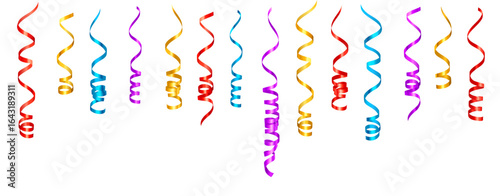 Gold Pink Yellow Purple Blue Metallic Spiral Ribbon Confetti. Gold foil Streamer. Golden serpentine ribbons set isolated on white background. Festive Carnival Holiday Party Decoration.
