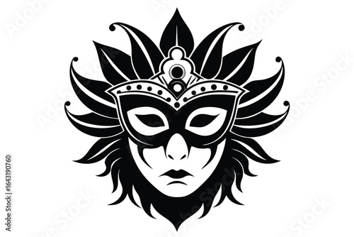 Ornate black mask dominates a stylized female face with sharp, decorative points on white