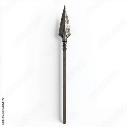 silver metal spearhead with wooden stick, war equipment warrior weapon, isolated white