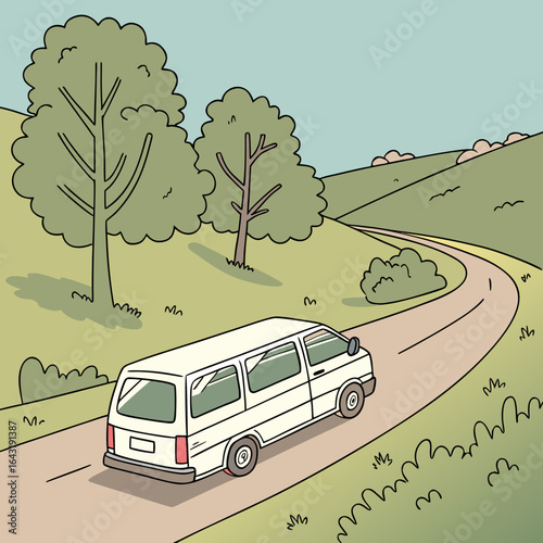 a white minibus driving on a route