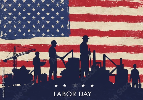 A patriotic Labor Day celebration featuring silhouettes of industrial workers against a distressed USA flag.