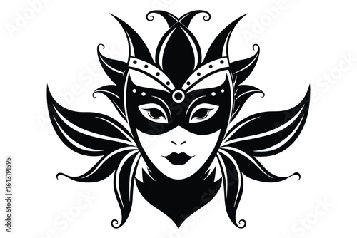 Woman with ornate feathered mask depicted in black illustration on white