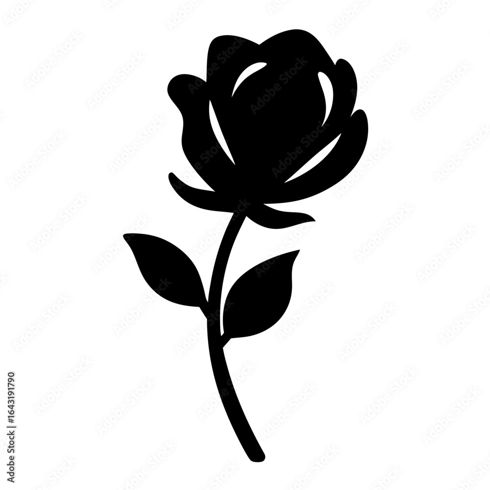 Obraz premium Stylized silhouette of a Rose with Stem and Leaves on white background