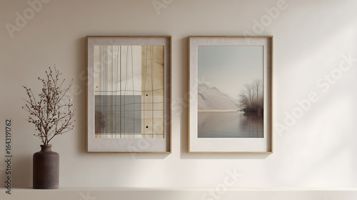 Modern Interior Wall with Framed Art Prints - Abstract and Landscape Pair in Sunlit Living Space