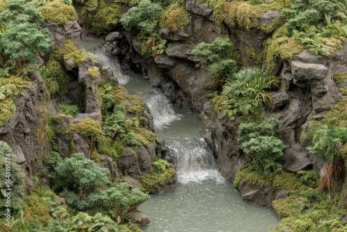 Miniature rocky ravine with cascading waterfalls and lush greenery