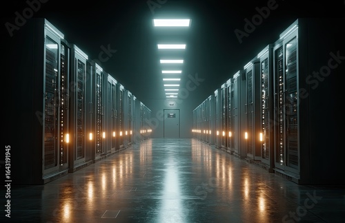 Dark server room  neon lighting  futuristic