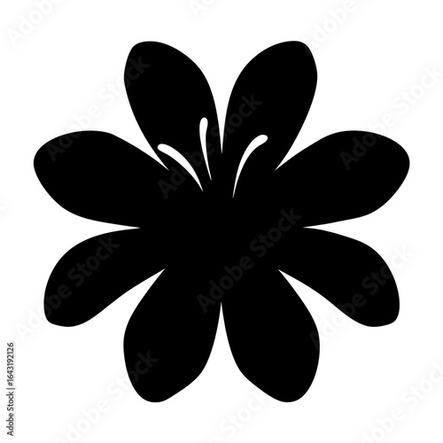 Stylized black flower with seven petals and internal pistil or stamen features