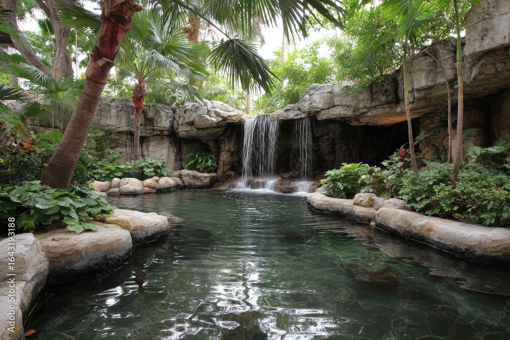 Naklejka premium Tropical waterfall cascading into a serene pool surrounded by lush landscaping and rock formations