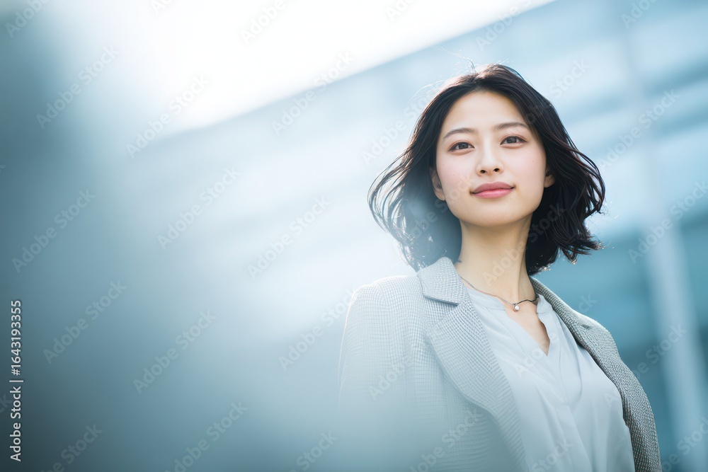 Obraz premium Confident Young Businesswoman in Modern City Setting - Corporate Portrait, Success, Ambition, Japan