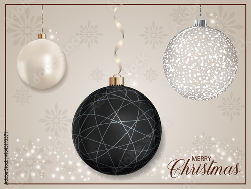 A black holiday tree ornament with a line pattern, placed on a background with 
falling snowflakes.