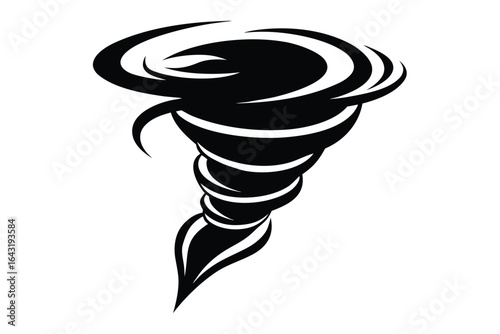 Stylized black swirling tornado descends forcefully on white background, creating strong imagery