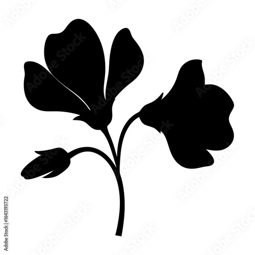 Monochrome Silhouette of a Flowering Plant with Bud and Open Blossoms