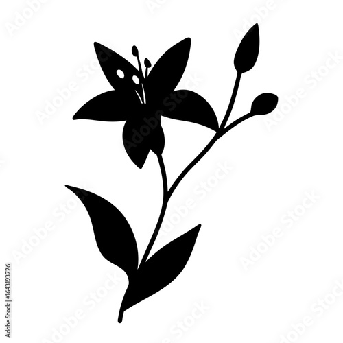 Elegant black silhouette illustration of a blooming flower with buds and leaves