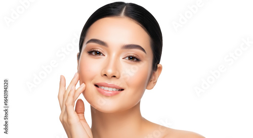 Closeup portrait of a beautiful young woman with glowing skin and subtle makeup, touching her cheek, isolated on transparent background