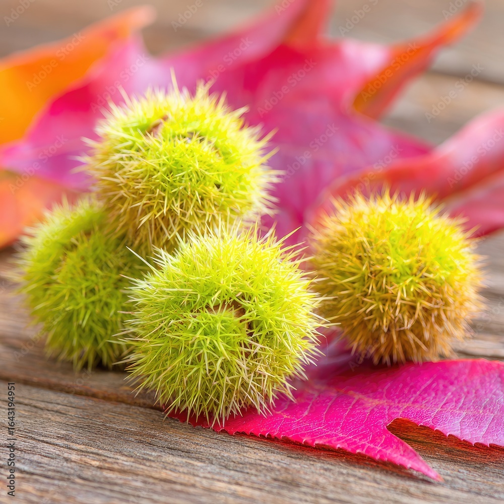 Close-up of several spiky, light green and brown chestnuts resting on a wooden surface, with vibrant fall leaves Close-up of several spiky, light green and brown chestnuts resting on a wooden surface, with vibrant fall leaves