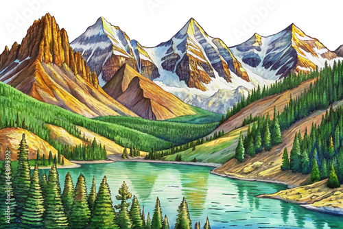 Rocky Mountains snow peaks, alpine lakes, evergreen forests, winding hiking trails, Colorado wilderness beauty